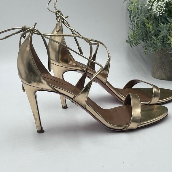 Aquazzura Gold Mirrored Patent Leather Strappy Heel Open Toe Sandals Sz 39/8 - Picture 3 of 12